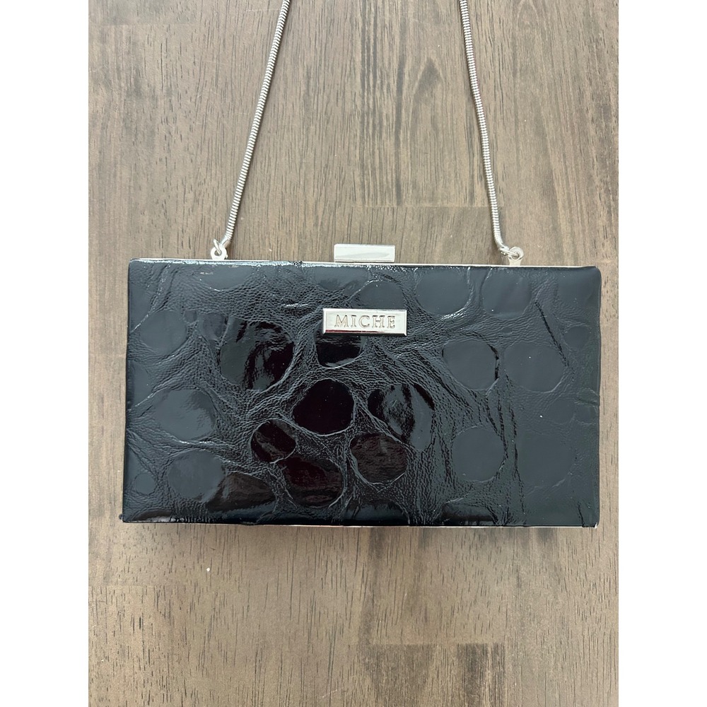Miche Black Patent Croc Embossed Box Clutch Wallet Crossbody Bag Silver Hardware